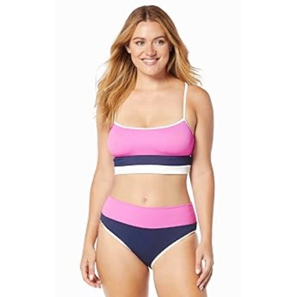 Ocean Blues Womens Fuchsia Navy Colorblock High Waist Bikini Set Size M NEW